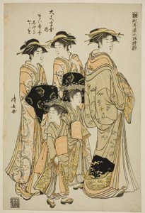 Die Kurtisane Maizumi von Daimonjiya mit ihren Begleiterinnen Shigeki und Naname, aus der Serie "Modelle für Mode: Neue Designs so frisch wie junge Blätter (Hinagata wakana no hatsu moyo)" von Torii Kiyonaga