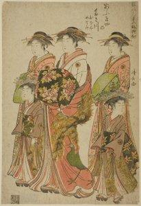 Die Kurtisane Takigawa von Ogiya mit ihren Begleiterinnen Onami und Menami, aus der Serie "Modelle für Mode: Neue Designs so frisch wie junge Blätter (Hinagata wakana no hatsu moyo)" von Torii Kiyonaga