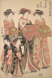 Die Kurtisane Wakakusa vom Chojiya-Bordell und die Begleiter Asano und Midori, ca. 1783 von Torii Kiyonaga