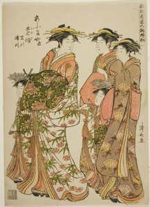Die Kurtisane Toji von Ogiya mit ihren Begleiterinnen Satoji und Uraji, aus der Serie "Modelle für Mode: Neue Designs so frisch wie junge Blätter (Hinagata wakana no hatsu moyo)" von Torii Kiyonaga