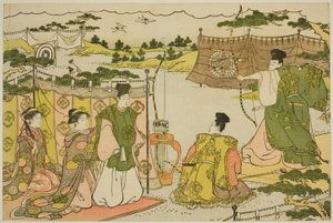 Das erste Bogenschießen des neuen Jahres, aus dem illustrierten Buch "Farben der dreifachen Morgendämmerung" von Torii Kiyonaga