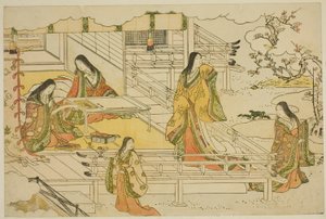 Die erste Kalligraphie des neuen Jahres (Kissho hajime), aus dem illustrierten Buch "Farben der dreifachen Morgendämmerung (Saishiki mitsu no asa)" von Torii Kiyonaga