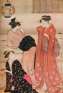 Drei Mädchen auf der Veranda eines Teehauses mit Blick auf die Bucht von Edo in Shinagawa, um 1752-1815