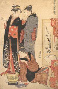 Zwei Frauen stehen und halten ein Kind von Torii Kiyonaga