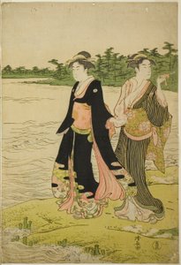 Zwei Frauen warten auf eine Fähre am Sumida-Fluss von Torii Kiyonaga