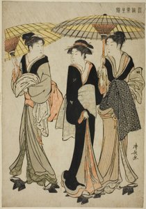 Unter Regenschirmen im Regen, aus der Serie "Ein Brokat östlicher Sitten (Fuzoku Azuma no nishiki)" von Torii Kiyonaga