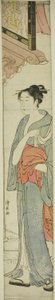 Frau geht unter einem Ladenschild von Torii Kiyonaga