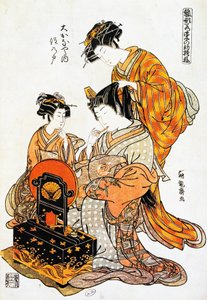 Frau vor dem Spiegel, während ihr Haar gekämmt wird, Ukiyo-e-Kunstdruck von Torii Kiyonaga, Holzschnitt, japanische Zivilisation, Edo-Periode