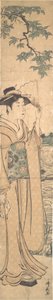 Frau mit Fächer am Ufer des Sumida-Flusses von Torii Kiyonaga