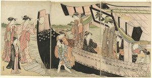 Frauen kommen von einem Vergnügungsboot am Sumida-Fluss an Land von Torii Kiyonaga