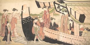 Frauen landen von einem Vergnügungsboot, das am Ufer von Mukojima am Sumida-Fluss angelegt hat, ca. 1785 von Torii Kiyonaga