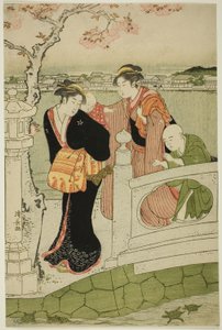 Frauen und Kinder auf dem Damm am Shinobazu-Teich