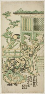 Die Schauspieler Bando Hikosaburo I als Araki Shozaemon und Nakamura Sukegoro I als Daidoji Tahatanosuke im Stück Chigozakura Futabajikki, aufgeführt im Ichimura Theater im zehnten Monat, 1746 von Torii Kiyonobu II