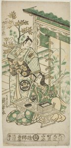 Die Schauspieler Ichimura Uzaemon VIII als Oguri Hangan und Segawa Kikunojo I als Terute no Mae im Stück "Mangetsu Oguri Yakata," aufgeführt im Ichimura-Theater im achten Monat, 1747 von Torii Kiyonobu II