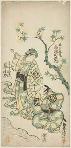 Die Schauspieler Ichimura Uzaemon VIII als Taira no Koremochi und Arashi Koroku als Makomo no Mae im Stück "Shusse Momijigari," aufgeführt im Ichimura Theater im elften Monat, 1747