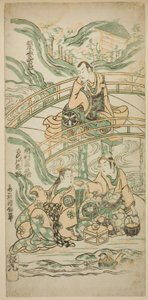 Die Schauspieler Matsumoto Koshiro II als Kumasaka Chohan, Ichimura Kamezo I als Ise no Saburo und Sanogawa Ichimatsu I als Ushiwakamaru im Stück Hatsu Tora Kurama Genji, aufgeführt im Ichimura Theater im ersten Monat, 1749 von Torii Kiyonobu II