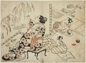Kurtisane malt einen Schirm, aus einer Serie von 12 erotischen Drucken von Torii Kiyonobu I