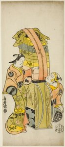 Die Schauspieler Ichikawa Danjuro II als Kamada Matahachi und Ichikawa Monnosuke I als Hisamatsu im Stück "Osome Hisamatsu Shinju Tamoto no Shirashibori," aufgeführt im Morita Theater, 1720