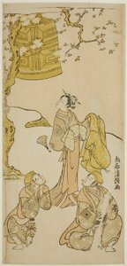 Die Schauspieler Segawa Kikunojo II, Ichikawa Komazo II und Arashi Otohachi I im Stück "Fude Hajime Soga no Tamazusa," aufgeführt im Nakamura-Theater im ersten Monat, 1768