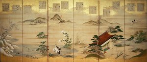 Sechsteiliges Paravent mit Vögeln und Blumen der zwölf Monate von Tosa Mitsunari