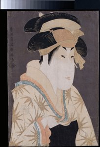 Ein okubi-e Porträt des Schauspielers Segawa Kikunojo III in der Rolle von Oshizu, der Frau von Tanabe Bunzo, aus dem Stück Hana-ayame bunroku soga, aufgeführt im Miyakoza-Theater im fünften Monat von Kansei 6, ca. 1794 von Toshusai Sharaku