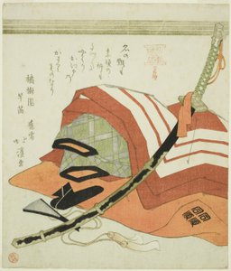 Ichikawa Danjuros Kostüm für Shibaraku, aus der Serie "Schauspielkünste der Ichikawa-Familie, ein Satz von drei (Mimasuke no gei, sanban tsuzuki)"
