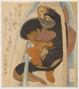 Kintarō kämpft mit dem Riesenkarpfen (Kintarō to Koi) von Totoya Hokkei