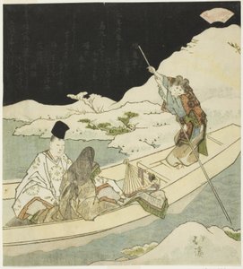 Adliger und Hofdame beim nächtlichen Bootfahren nahe einem schneebedeckten Ufer von Totoya Hokkei
