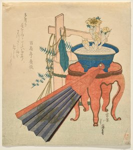 Stillleben mit Faltfächer, Adonis im Topf und Wassereimer von Totoya Hokkei