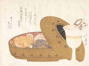 Weinglas und Lack-Essensbox mit Neujahrsmahl, 1811 von Totoya Hokkei