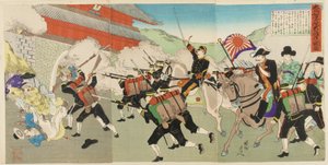 Generalmajor Oshima schützt den koreanischen König, während Truppen die Burg in Kyongsong stürmen, 1895?