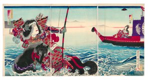 Schauspieler Ichikawa Danjuro IX als Nasu no Yoichi Munetaka und Nakamura Fukusuke IV als Tamamushi Gozen von Toyohara Kunichika