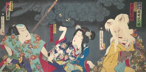 Onoe Kikugoro V als Otowake Neko no ke Rechts, Bando Mitsugoro IV als Aisho Michinoku Cent..., 1870