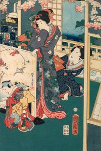Frühlingsausflug in einer Villa Diptychon: Frauen im Innenraum von Toyohara Kunichika