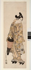 Der Schauspieler Sanogawa Ichimatsu hält eine Laterne und einen Regenschirm