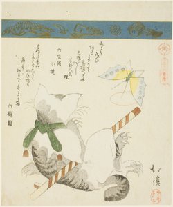 Katze spielt mit einem Spielzeugschmetterling, aus der Serie "Sechsunddreißig Bilder von Vögeln (Sanjuroku kinzoku)" von Toyota Hokkei