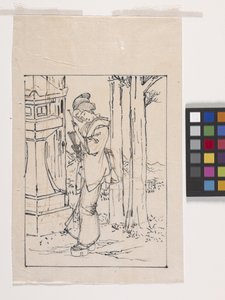 Zeichnung einer jungen Frau neben einer Steinlaterne von Tsukioka Yoshitoshi
