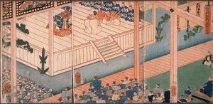 Der General der Rechten, Fürst Yoritomo, besichtigt eine besondere Nō-Aufführung von Tsukioka Yoshitoshi