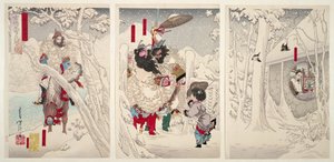Gentoku besucht Komei im Schnee, aus "Illustrationen für die Romanze der Drei Königreiche" von Tsukioka Yoshitoshi