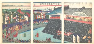 Hideyoshi und seine Truppen verlassen das Lager von Nagoya (Darstellung der Generäle beim Ausmarsch vor dem Lager von Fürst Mashiba Hideyoshi in Nagoya) von Tsukioka Yoshitoshi