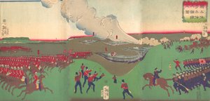 Illustration von Kavallerie, Infanterie und Soldaten im Rückzug Kiheitai, hoheitai, 8. Monat, 1867 von Tsukioka Yoshitoshi