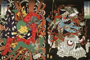Kintoki besiegt einen Dämon und Krieger auf einem Schädel, 1868 von Tsukioka Yoshitoshi