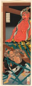 Lu Zhishen in einem betrunkenen Wutanfall, der die Wächterfigur im Tempel auf dem Berg Godai angreift von Tsukioka Yoshitoshi
