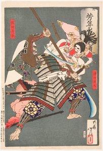 Minamoto no Ushiwakamaru im Kampf mit dem Räuber Kumasaka Chōhan von Tsukioka Yoshitoshi