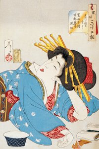 Moment der Entspannung, Gesicht einer Geisha aus der Kansei-Periode in Kyoto, Illustration von Tsukioka Yoshitoshi aus Dreißig Aspekte von Sitten und Gebräuchen, Oban-tate-e Holzschnitt, japanische Zivilisation
