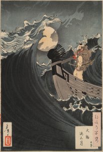 Hundert Aspekte des Mondes #12: Benkei beruhigt die Wellen in der Bucht von Daimotsu von Tsukioka Yoshitoshi