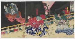 Bild von Kusunoki Tamonmaru, der den alten Dachs besiegt, 1860 von Tsukioka Yoshitoshi