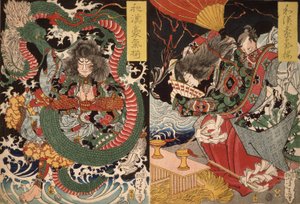 Tawaraya Tda und ein Drache und Ono no Komachi beten um Regen aus der Serie Tapferkeit in China und Japan, 1868 von Tsukioka Yoshitoshi