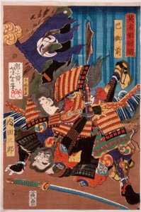 Tomoe Gozen, Ehefrau von Kiso Yoshinaka, besiegt Uchida Saburō von Tsukioka Yoshitoshi