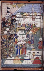 Add. 22011 f.199, Lala Mustafa Pascha im Lager nach seinem Sieg bei Kars-Nusretname, aus 
